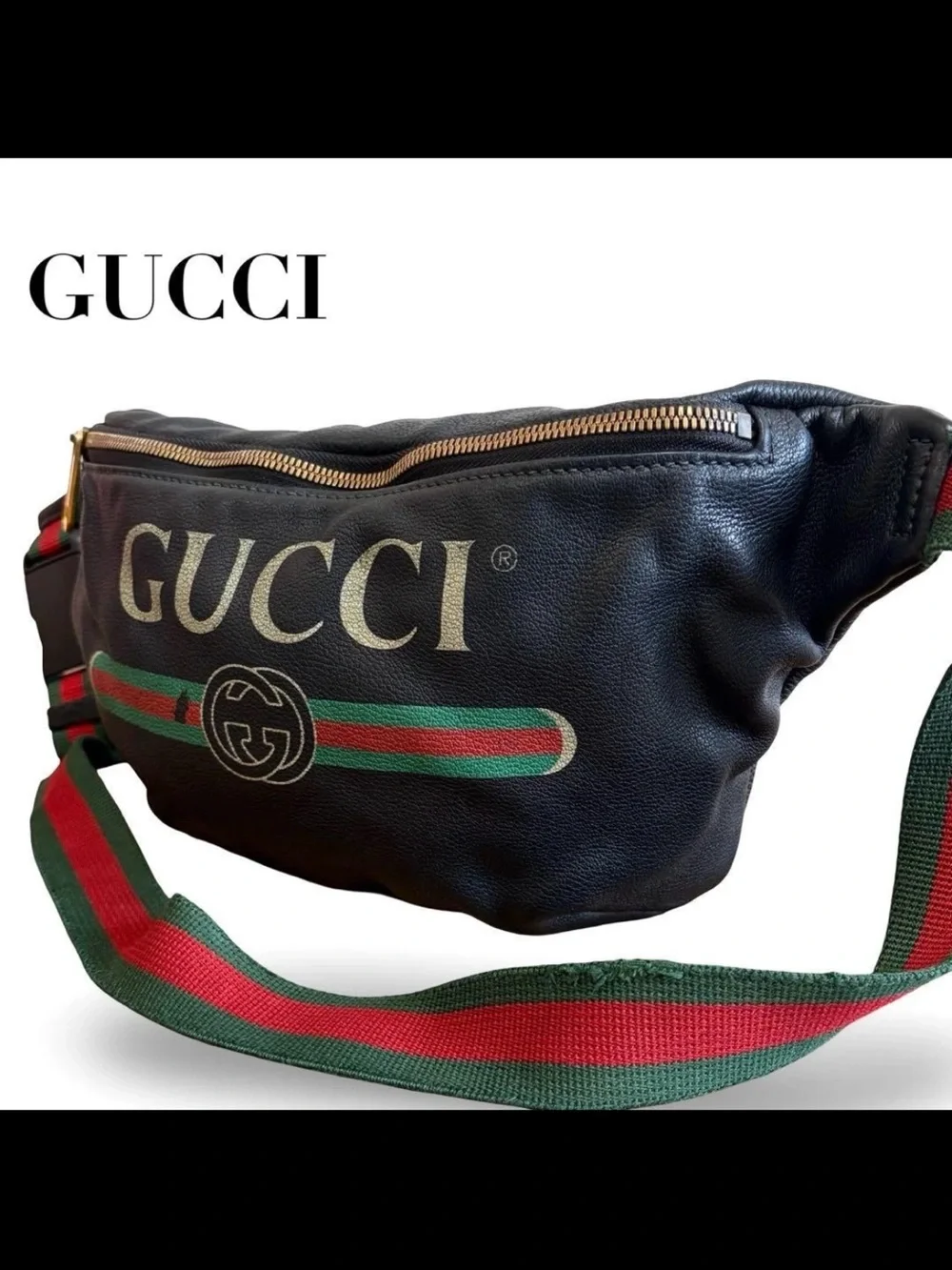 GUCCI Black Leather Logo Web Stripe Belt Bag